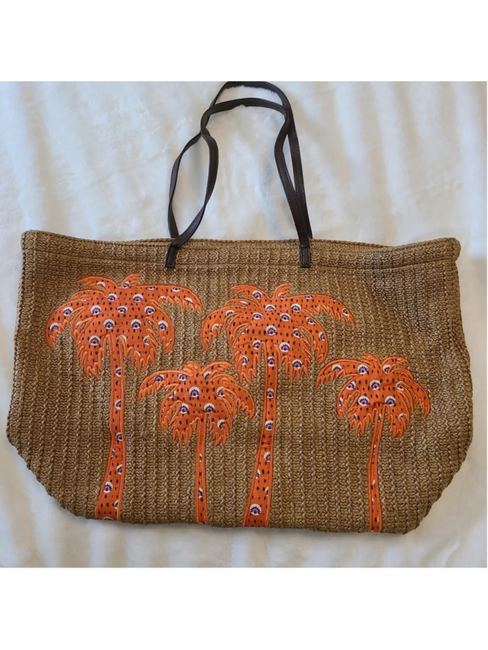 Vera Bradley Straw Large Tote Orange Applique Palm Tree Design Travel Beach Bag
